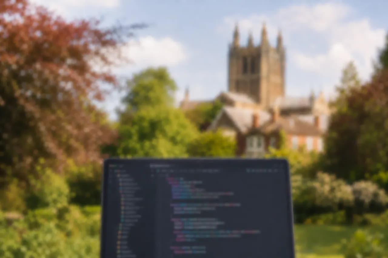 A website being worked on outdoors with Hereford Cathedral in the background